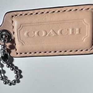 Coach Beige Leather Key Holder Logo Key Fob Keychain Silver Ball Chain Purse Tag